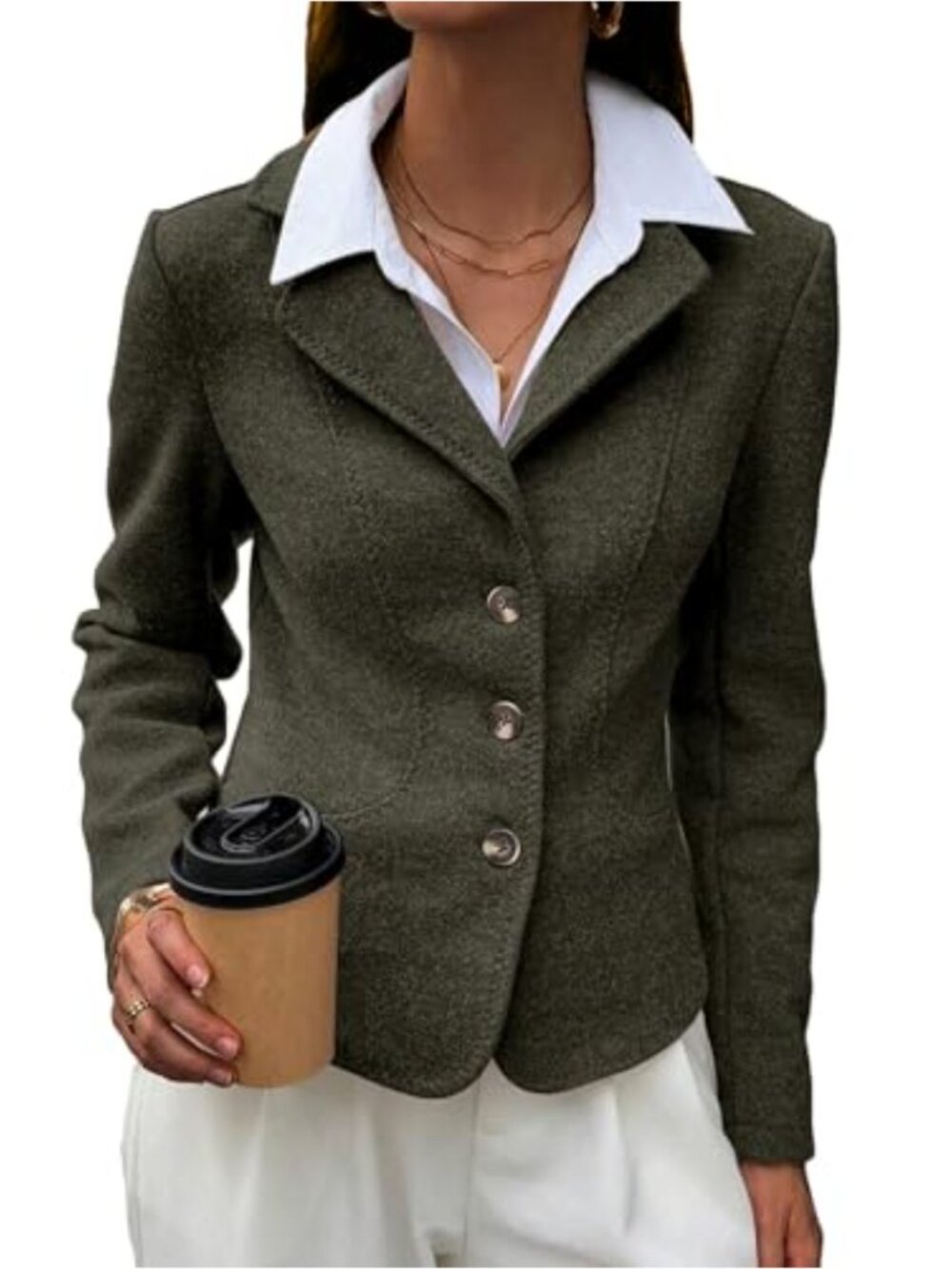 Tweed Cropped Blazer Jacket Notch Lapel Long Sleeve Business Casual